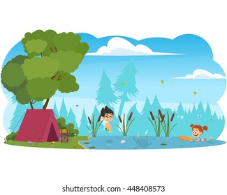 children in a summer camp with tents in the woods next to the river. boys and girls swimming in the river. vector