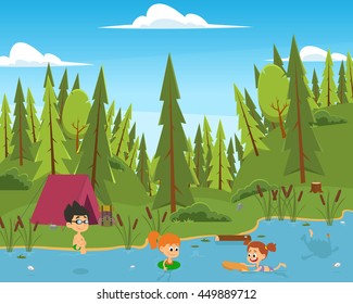 children in a summer camp with tents in the woods next to the river. boys and girls swimming in the river. vector