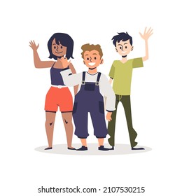 Children At Summer Camp Waving Hello Gesture Sign. Mexican Hispanic Girl In Shorts, White Boy In Overalls And Asian Boy Wearing Pants, Wave Bye. Cartoon Flat Isolated Illustration.