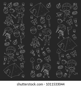 Children summer camping Kindergarten, school vacation with kids Summer and sping outdoor adventure Kids drawing style Young scouts explore forest Hiking and tourism