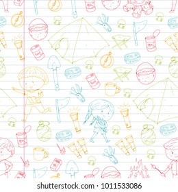 Children summer camping Kindergarten, school vacation with kids Summer and sping outdoor adventure Kids drawing style Young scouts explore forest Hiking and tourism