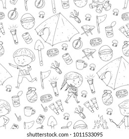 Children summer camping Kindergarten, school vacation with kids Summer and sping outdoor adventure Kids drawing style Young scouts explore forest Hiking and tourism