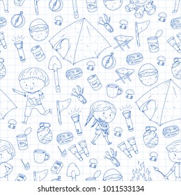 Children summer camping Kindergarten, school vacation with kids Summer and sping outdoor adventure Kids drawing style Young scouts explore forest Hiking and tourism