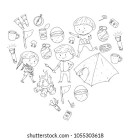 Children summer camping Kindergarten, school vacation with kids Summer and sping outdoor adventure Kids drawing style Young scouts explore forest Hiking and tourism