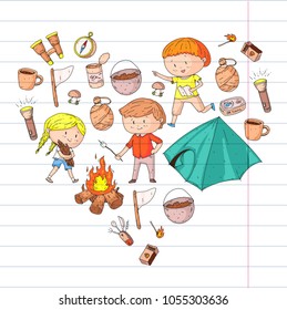 Children summer camping Kindergarten, school vacation with kids Summer and sping outdoor adventure Kids drawing style Young scouts explore forest Hiking and tourism