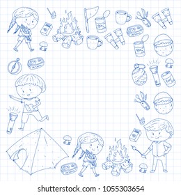Children summer camping Kindergarten, school vacation with kids Summer and sping outdoor adventure Kids drawing style Young scouts explore forest Hiking and tourism
