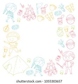 Children summer camping Kindergarten, school vacation with kids Summer and sping outdoor adventure Kids drawing style Young scouts explore forest Hiking and tourism