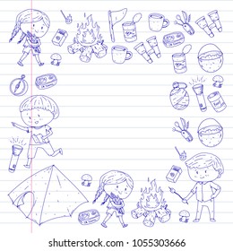 Children summer camping Kindergarten, school vacation with kids Summer and sping outdoor adventure Kids drawing style Young scouts explore forest Hiking and tourism