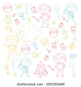 Children summer camping Kindergarten, school vacation with kids Summer and sping outdoor adventure Kids drawing style Young scouts explore forest Hiking and tourism