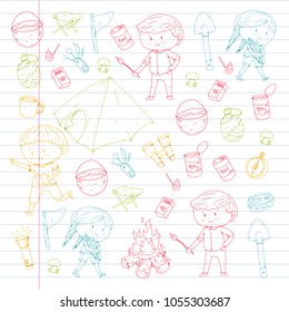 Children summer camping Kindergarten, school vacation with kids Summer and sping outdoor adventure Kids drawing style Young scouts explore forest Hiking and tourism