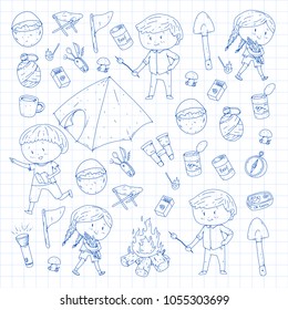 Children summer camping Kindergarten, school vacation with kids Summer and sping outdoor adventure Kids drawing style Young scouts explore forest Hiking and tourism