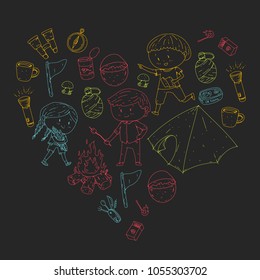 Children summer camping Kindergarten, school vacation with kids Summer and sping outdoor adventure Kids drawing style Young scouts explore forest Hiking and tourism