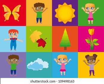 children with summer elements over colorful squares. vector