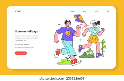 Children summer holidays web banner or landing page. Active outside leisure. Boy and girl having fun outdoors playing on the playground with a kite. Flat vector illustration