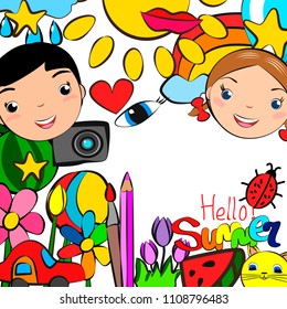 Children summer icon background. Collection vector symbols. Children's drawing style.