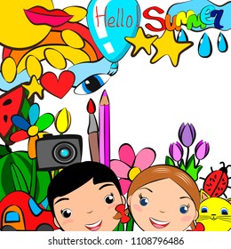 Children summer icon background. Collection vector symbols. Children's drawing style.