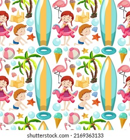 Children and summer objects seamless pattern illustration
