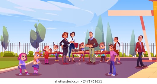 Children summer outdoor event on schoolyard or in city park with food festival. Cartoon vector illustration of kids standing near tables and selling cookies and cakes with teachers and parents.