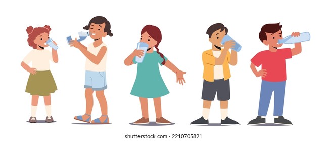 Refrescamiento De Verano Infantil, Hidratación Corporal. Los niños beben agua limpia. Personajes para niños y niñas con tazas y botellas que disfrutan de una bebida fresca saludable a base de agua. Ilustración de vectores de personas de caricatura