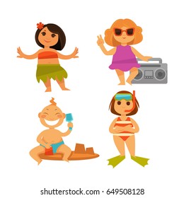 Children summer relax vector icons of kids on beach holiday