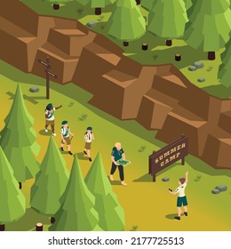 Children from summer scout camp going hiking with instructor in forest 3d isometric vector illustration