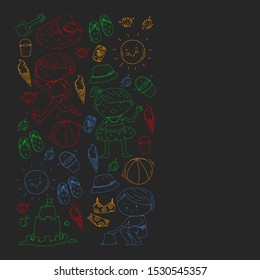 Children summer vacation. Holidays with little kids. Sea, beach and ocean. Travel and adventure vector pattern.
