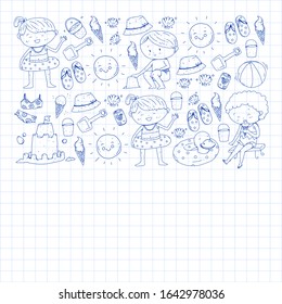 Children summer vacation. Holidays with little kids. Sea, beach and ocean. Travel and adventure vector pattern.