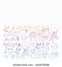 Children summer vacation. Holidays with little kids. Sea, beach and ocean. Travel and adventure vector pattern.