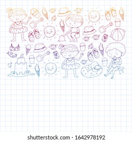 Children summer vacation. Holidays with little kids. Sea, beach and ocean. Travel and adventure vector pattern.