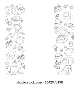 Children summer vacation. Holidays with little kids. Sea, beach and ocean. Travel and adventure vector pattern.