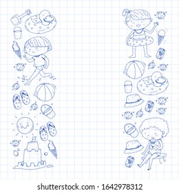 Children summer vacation. Holidays with little kids. Sea, beach and ocean. Travel and adventure vector pattern.
