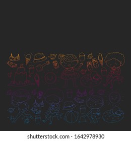 Children summer vacation. Holidays with little kids. Sea, beach and ocean. Travel and adventure vector pattern.