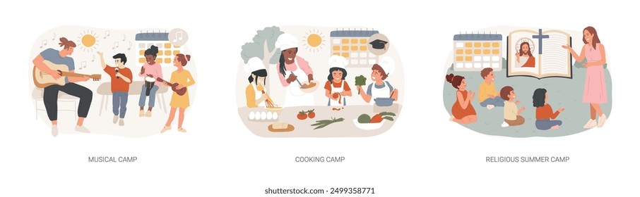 Conjunto de Ilustración vectorial de concepto aislado de vacaciones de verano para niños. Campamento de verano musical, educación culinaria para niños, campamento religioso, instrumento de juego, joven jefe, concepto de Vector de estudio bíblico.