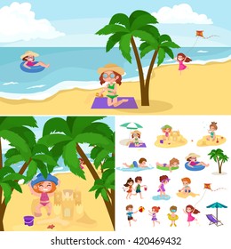 Children summertime vacation park.Kids Playing sand around water on beach,slide in sea or ocean vector illustration.Happy babies summer holiday people sunning and swimming play ball have fun vocation