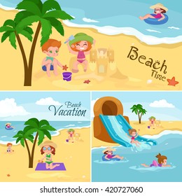 Children summertime vacation park.Kids Playing sand around water on beach,slide in sea or ocean vector illustration.Happy babies summer holiday people sunning and swimming play ball have fun vocation