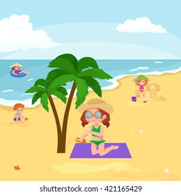 Children summertime vacation park.Kids Playing sand around water on beach,slide in sea or ocean vector illustration.Happy babies summer holiday people sunning and swimming play ball have fun vocation