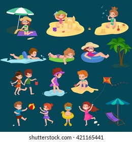 Children summertime vacation park.Kids Playing sand around water on beach,slide in sea or ocean vector illustration.Happy babies summer holiday people sunning and swimming play ball have fun vocation