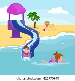 Children summertime vacation park.Kids Playing sand around water on beach,slide in sea or ocean vector illustration.Happy babies summer holiday people sunning and swimming play ball have fun vocation