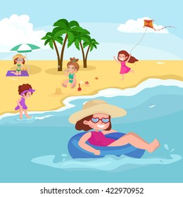 Children summertime vacation park.Kids Playing sand around water on beach,slide in sea or ocean vector illustration.Happy babies summer holiday people sunning and swimming play ball have fun vocation