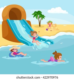 Children summertime vacation park.Kids Playing sand around water on beach,slide in sea or ocean vector illustration.Happy babies summer holiday people sunning and swimming play ball have fun vocation