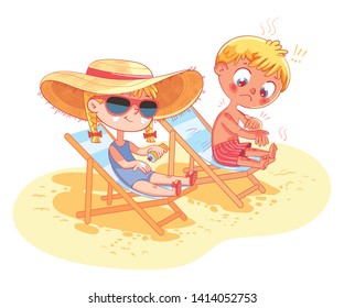 Children sunbathe on the beach on the sun loungers. Girl uses sunscreen. Boy got a sunburn and cries. Sketch of a safe holiday on the beach. Funny cartoon character. Isolated on white background