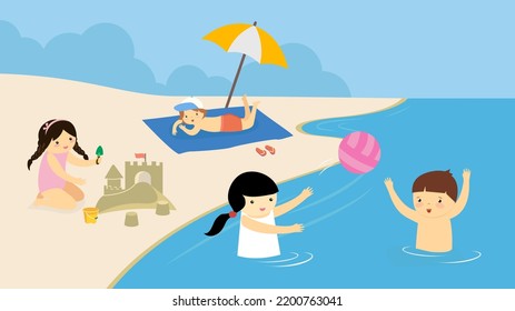 children sunbathe and swim in the sea