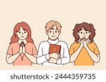 Children sunday school students make prayer gestures and hold holy bible or christian crosses in hands. Christian children from catholic or orthodox fold learn to perform religious rituals
