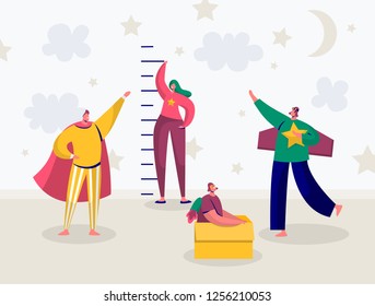 Children in Superhero Costume Play Measures Growth. Happy Kids Characters Girl and Boy Having Fun in Baby Room. Flat Cartoon Vector Illustration