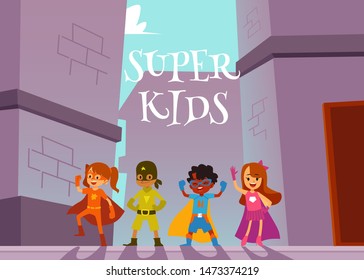 Children superheroes team standing outdoors in heroic poses cartoon style, vector illustration on urban background. Super kids poster or banner design with boys and girls dressed heroes costumes