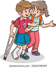 children Supporting Friend with Injured Leg, Friendship and Support, Disabled Person Enjoying Full Life Vector Illusion