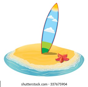 Children surfboard in the sand in a vector