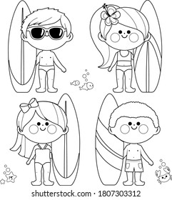 Niños con tablas de surf. Página de color blanco y negro del vector