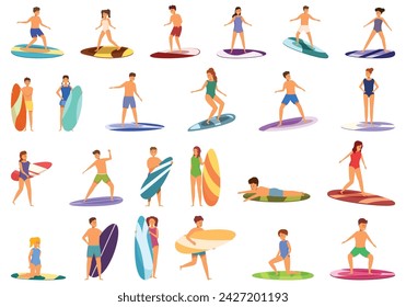 Children surfing icons set cartoon vector. Wave surfer kid. Water summer fun