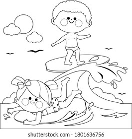 Children surfing on a wave in the sea. Vector black and white coloring page.